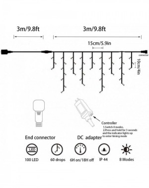 Indoor String Lights 100LED 9.9Ft Icicle Lights-8 Lighting Modes Icicle String Lights-Icicle Style Lights with Timer-Connecta...