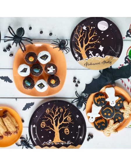 Tableware 200PCS Halloween Party Supplies Paper Plates and Napkins Bulk 9 inch 7 inch Dessert Round Disposable Plates Black E...