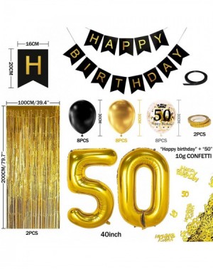 Balloons 50th Black Gold Birthday Party Decoration- Happy Birthday Banner- Jumbo Number 50 Foil Balloon- 2 Fringe Curtain- La...