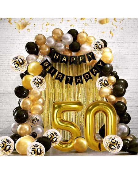 Balloons 50th Black Gold Birthday Party Decoration- Happy Birthday Banner- Jumbo Number 50 Foil Balloon- 2 Fringe Curtain- La...