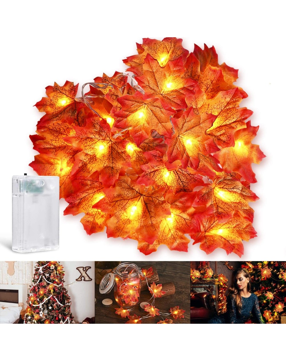 Indoor String Lights Fall Decorations- 10ft Maple Leaf String Lights Waterproof Battery Powered Lighted Fall Garland- Seasona...