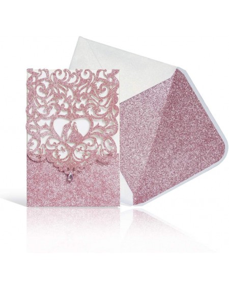 Invitations Laser Cut Wedding Invitations With Envelopes With Blank Printable Paper -25pcs Pink Glitter 4.7" x 7' Wedding inv...