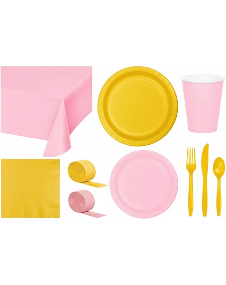 Party Packs Party Bundle Bulk- Tableware for 24 People Classic Pink and Golden Yellow- 2 Size Plates Napkins- Paper Cups Tabl...