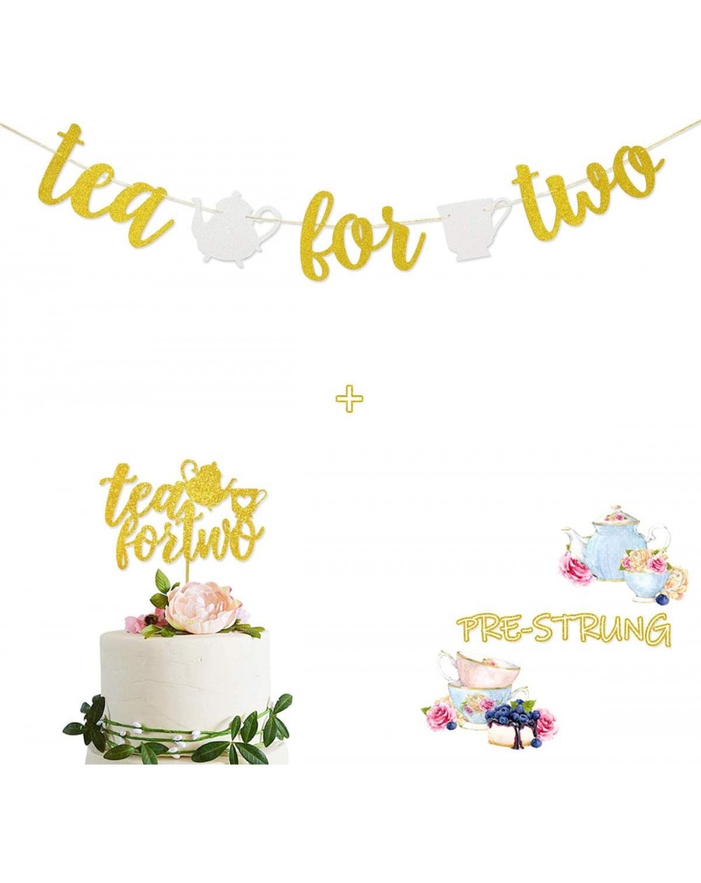 Banners & Garlands Tea for Two Gold Glitter Banner Sign Garland With Teapot Teacups Pre-strung & Tea for Two Cake Topper for ...