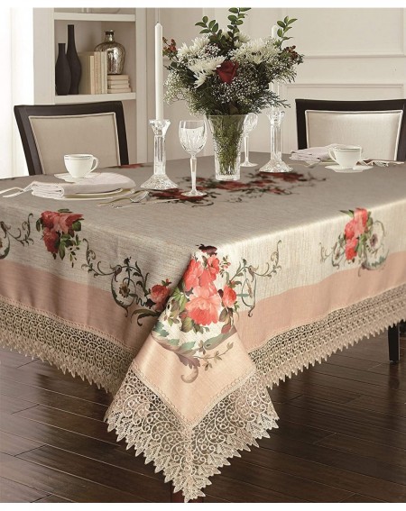 Tablecovers Decorative Printed Ascott Tablecloth with Lace Trimming- 70" Round- Burgundy - Burgundy - CK18I0EY6DC $31.03