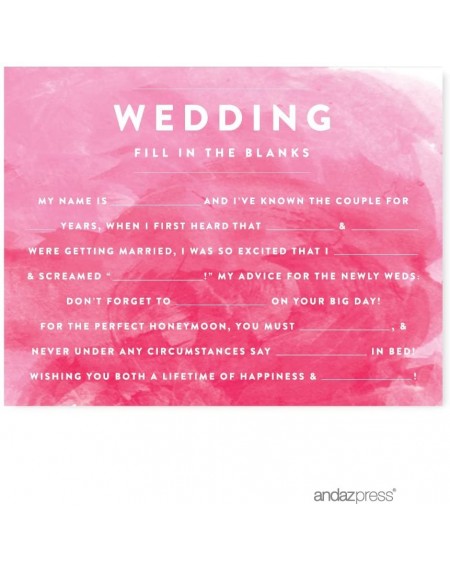 Favors Pink Watercolor Wedding Collection- Wedding Reception Fill in The Blanks Game Cards- 20-Pack - Cards Reception Fill in...