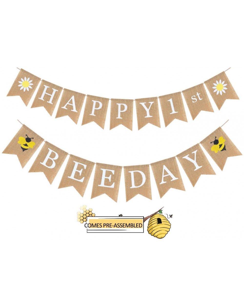 Banners Happy 1st Bee Day Jute Burlap Birthday Banner - Baby Shower First Birthday Party - Happy Bee Day Daisy Bumble Honey B...