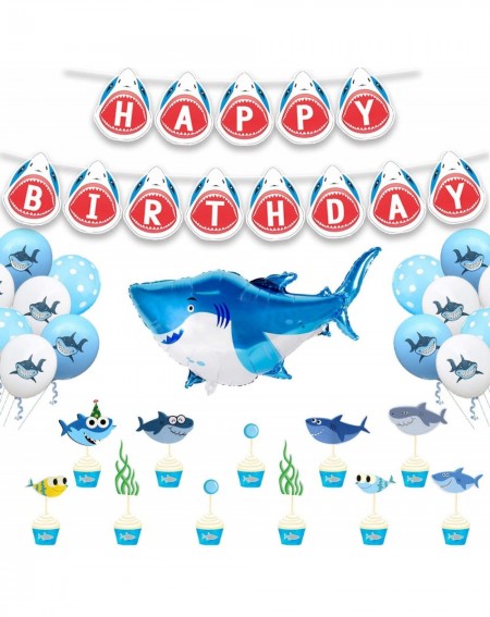 Party Packs Shark Birthday Decorations - Shark balloons- Happy Birthday Shark banner- Shark Cake Topper for Shark Birthday Pa...