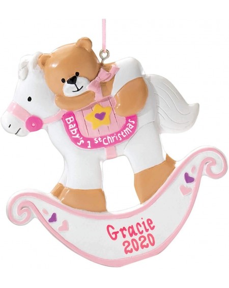 Ornaments Personalized Baby's First Christmas Rocking Horse Ornament - Pink - CQ11QXDPHX5 $27.99