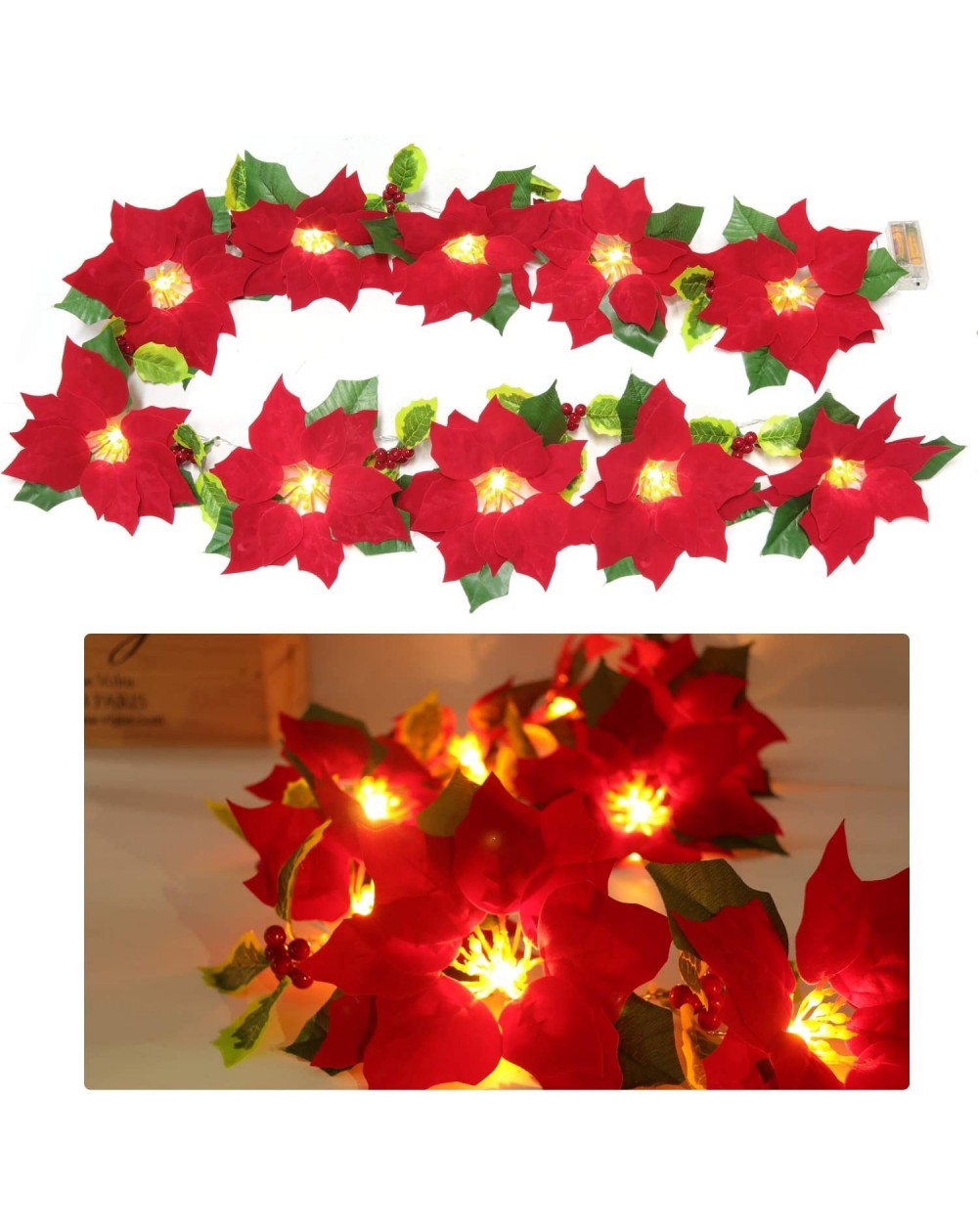 Outdoor String Lights LED Artificial Poinsettia Garland- Lighted Christmas Flower Garland Christmas Tree Decoration for Chris...