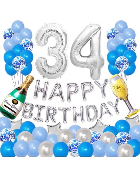 Balloons Happy 34TH Birthday Party Decorations Pack-Blue Silver Theme- Happy Birthday Banner Foil Number 34 12inch Silver Con...