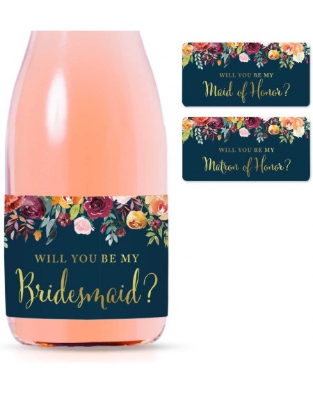 Favors Mini Champagne Wine Bottle Proposal Labels- Will You Be My Bridesmaid? Matron Maid of Honor?- Fall Autumn Burgundy Nav...