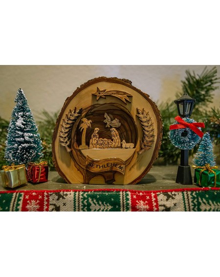 Ornaments Holy Land Olive Wood Christmas Manger Nativity from Israel- Solid Wooden Branch Section with Bark- Standing Ornamen...
