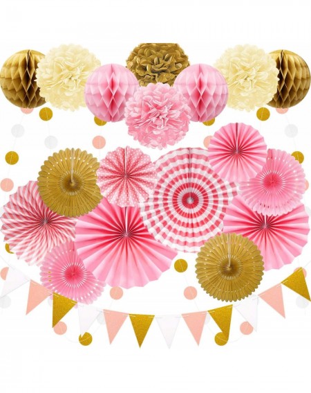 Tissue Pom Poms 23Pcs Paper Fan Party Decoration- Pink and Gold Hanging Paper Fans- Pom Poms Flowers- Garlands String Polka D...