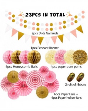 Tissue Pom Poms 23Pcs Paper Fan Party Decoration- Pink and Gold Hanging Paper Fans- Pom Poms Flowers- Garlands String Polka D...