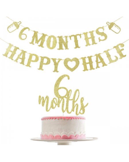 Banners Gold Glittery 6 Months Happy Half Banner and Gold Glittery 6 Months Cake Topper（Double Sided Glitter）- 6 Month Banner...