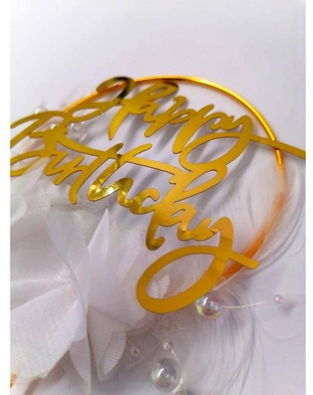 Cake & Cupcake Toppers Elegant Gold Circle Happy Birthday Cake Topper- Metal and Lace Flower Cake Decoration with White Feath...