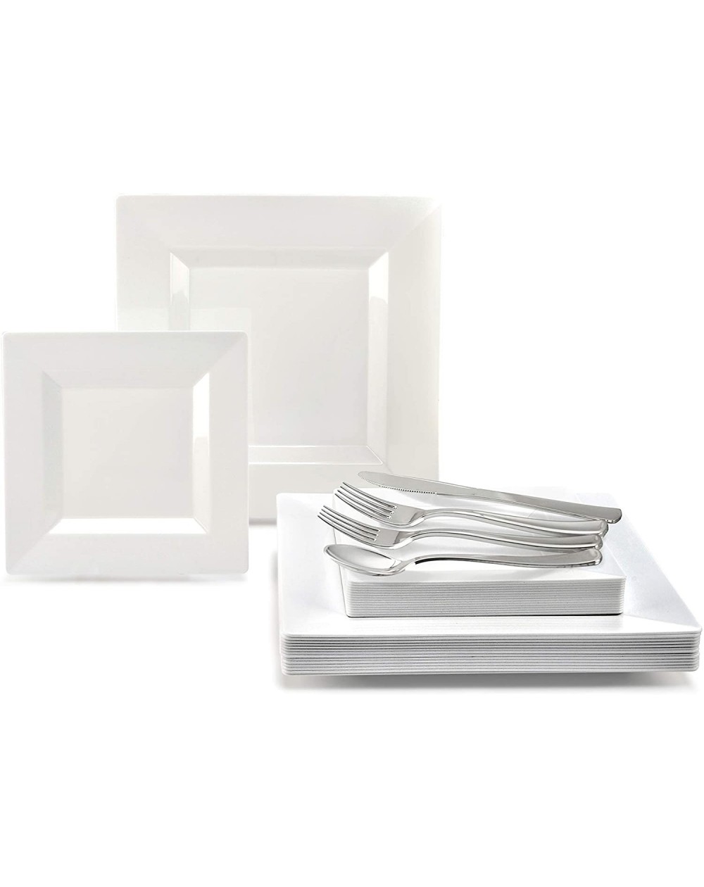 Tableware 200pcs set (25 Guests)-Heavyweight Wedding Party Disposable Plastic Plate Set -25 x 9.5" + 25 x 6.5" + Silver Silve...