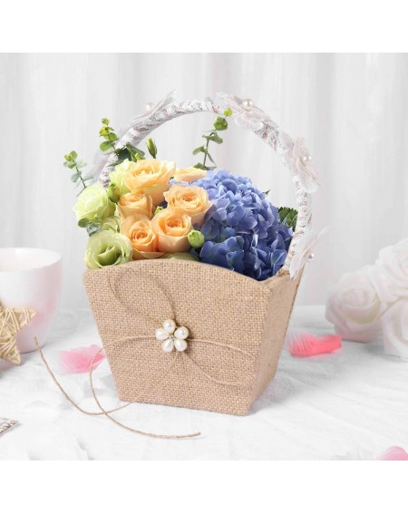 Ceremony Supplies Burlap Flower Girl Basket for Wedding Western Rustic Lace Bowknot Wedding Burlap Vintage Basket with Handle...