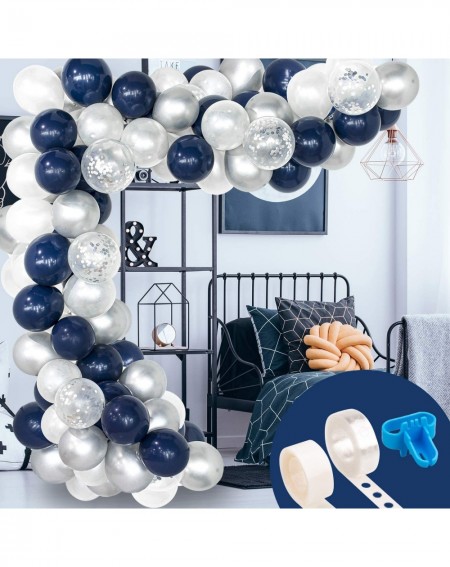 Balloons 120 Pcs Balloon Arch & Garland Kit- Navy Blue Pearl White Latex Silver Confetti Balloons Set with 16ft Balloon Strip...