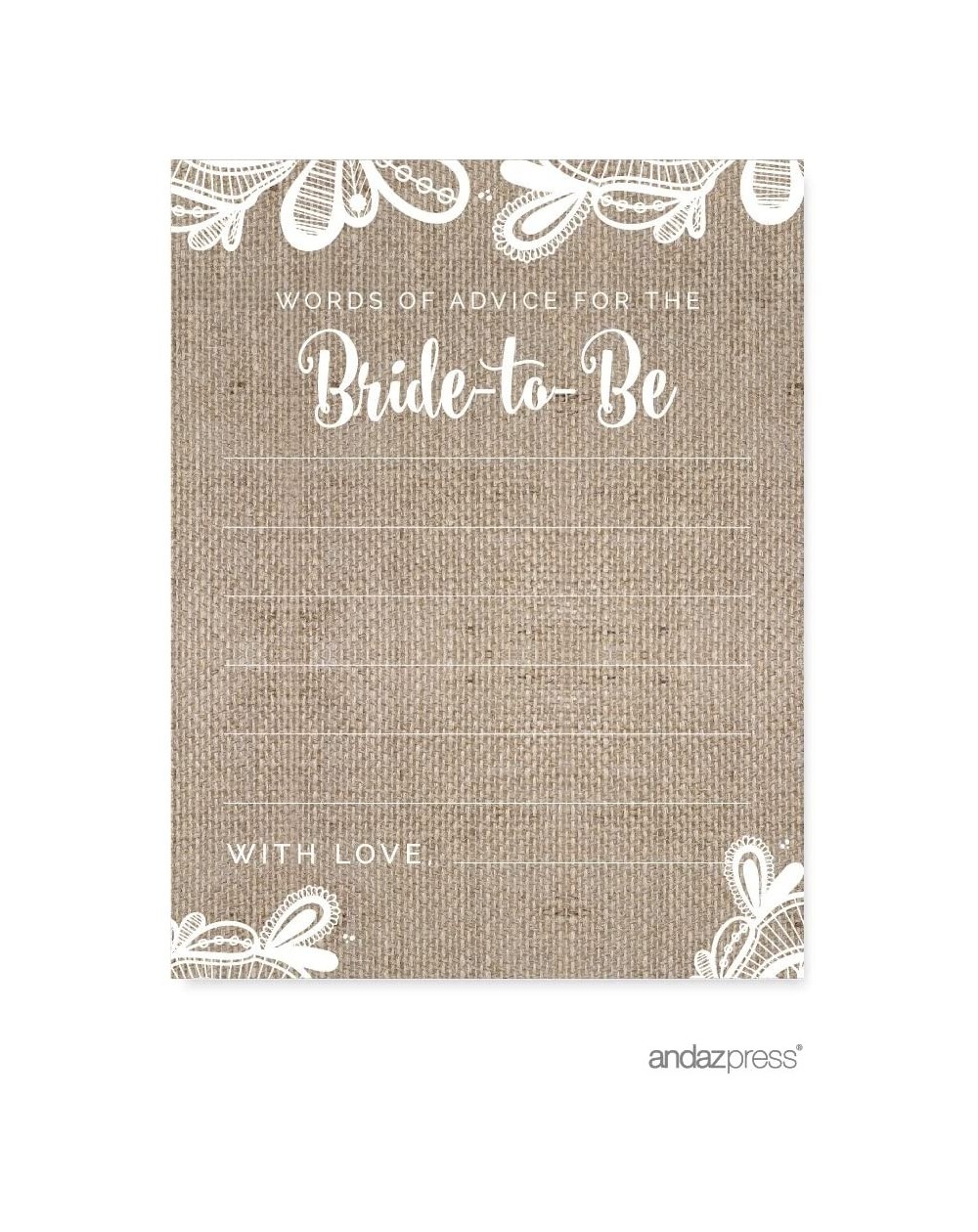 Favors Burlap Lace Wedding Collection- Blank Words of Wisdom for The Bride-to-Be Bridal Shower Cards- 20-Pack - Cards Words o...
