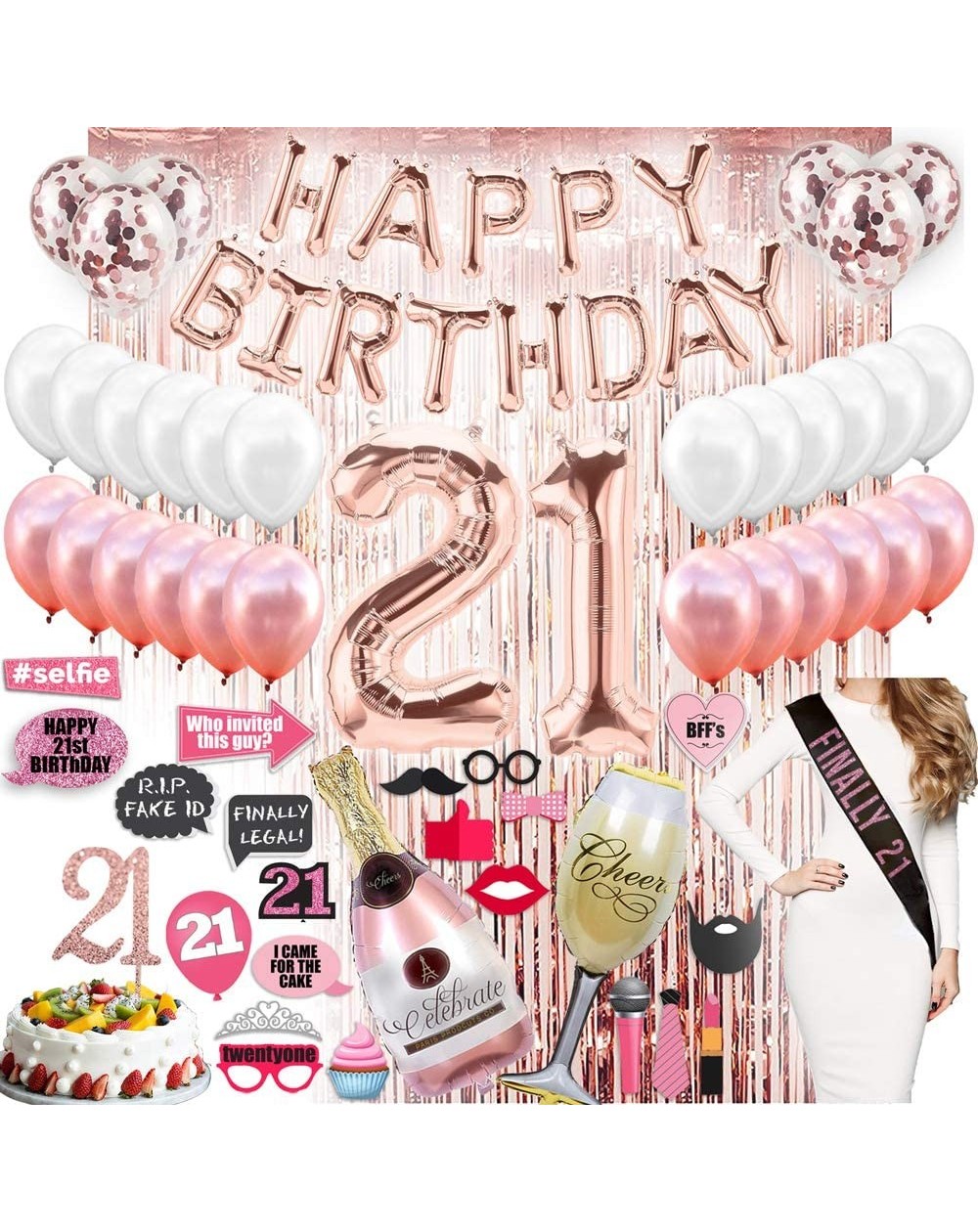 Party Packs 21st Birthday Decorations With Photo Props - 21 Birthday Party Supplies - 21 Cake Topper Rose Gold Banner - Rose ...