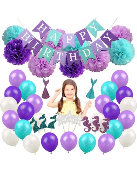 Party Packs 76Pcs Mermaid Birthday Party Decoration Supplies Happy Birthday Balloons Pom Poms- Cake Toppers for Girls Childre...
