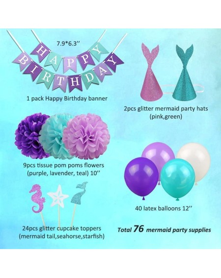 Party Packs 76Pcs Mermaid Birthday Party Decoration Supplies Happy Birthday Balloons Pom Poms- Cake Toppers for Girls Childre...
