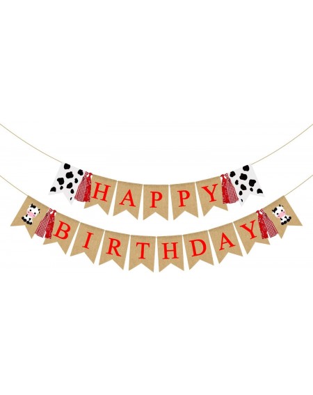 Banners & Garlands Jute Burlap Farm Themed Boy Girl Happy Birthday Banner with Cow Birthday Party Decoration - CT19CZD3R9U $2...