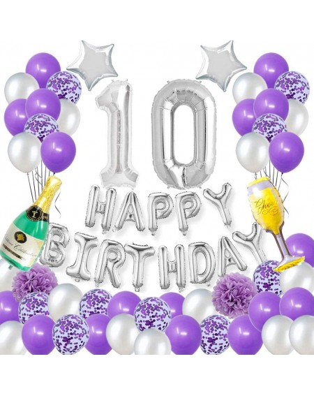 Balloons Happy 10TH Birthday Party Decorations Pack-Purple Silver Theme Happy Birthday Banner Foil Number 10 12inch Purple Co...