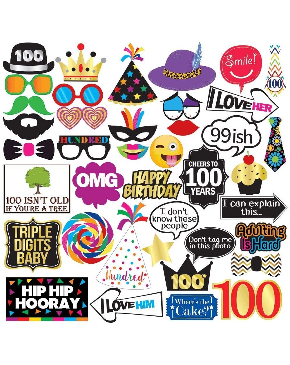 Photobooth Props 100th Birthday Photo Booth Party Props - 40 Pieces - Funny 100th Birthday Party Supplies- Decorations and Fa...