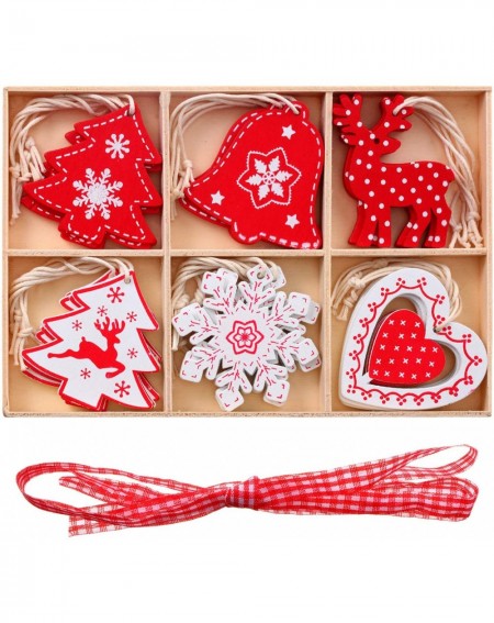 Ornaments 24 Pieces Wooden Christmas Hanging Ornaments Christmas Trees White Red Colored Pattern Wood Cutouts Christmas Scena...