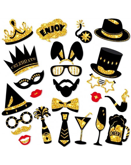 Photobooth Props Bachelorette Party Photo Booth Props - Black Gold Photo Prop Crown Hats Lips Mustaches Vibrant Pose for Enga...