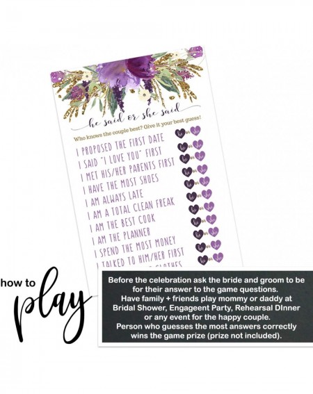 Party Games & Activities Purple Floral Bridal Shower Games (25 Pack) He Said She Said Cards - Bride or Groom Said It - Guess ...