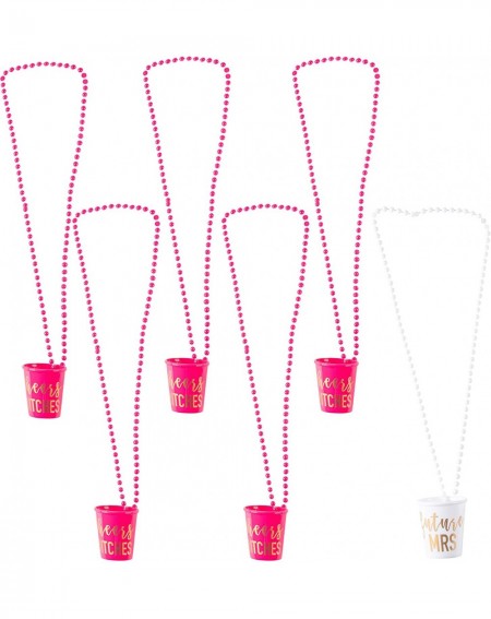 Adult Novelty 6-Pack Cheers Btches and Future Mrs Bachelorette Shot Glass Necklace - Hot Pink and White with Gold Foil Bridal...