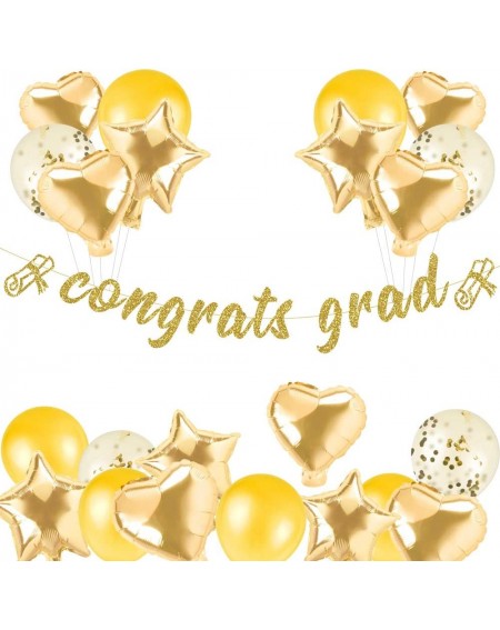 Banners Congratulations Banner Set for Graduation Decorations- Gold Glitter Graduation Party- Include Star Foil Balloons- Hea...