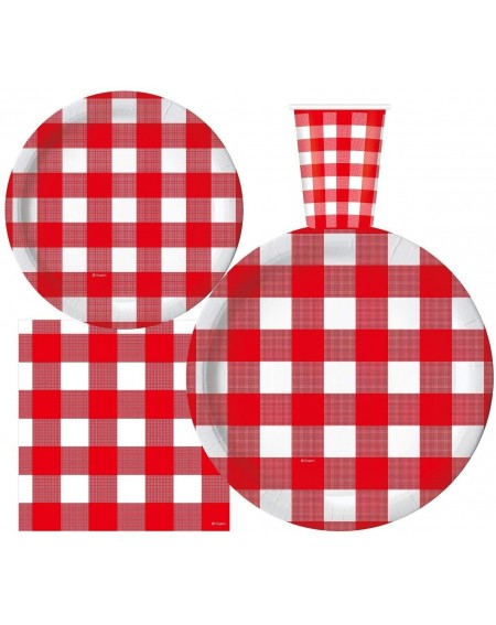 Party Packs Serves 30 - Complete Party Pack - Red Gingham Red & White Checkered - 9" Dinner Paper Plates - 7" Dessert Paper P...