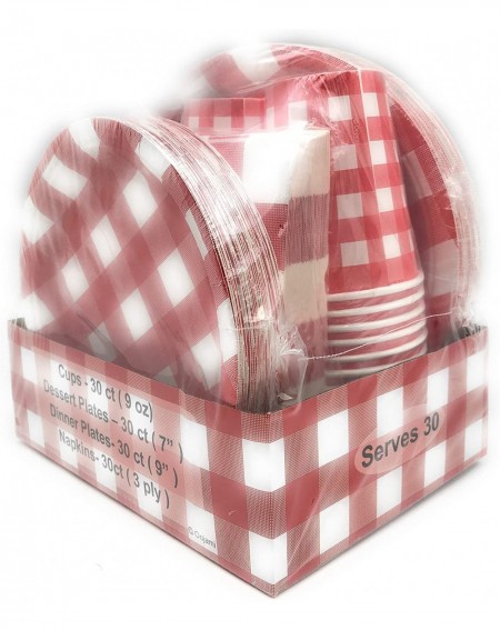 Party Packs Serves 30 - Complete Party Pack - Red Gingham Red & White Checkered - 9" Dinner Paper Plates - 7" Dessert Paper P...