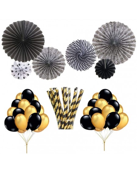 Banners & Garlands Black Gold Party Tissue DIY Decoration - Hanging Paper Fans- Paper Straws- Gold Black Balloons for Graduat...