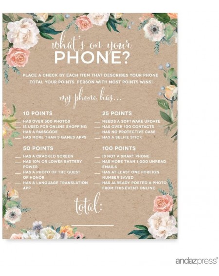Invitations Peach Kraft Brown Rustic Floral Garden Party Baby Shower Collection- What's on Your Phone? Game Cards- 20-Pack- G...