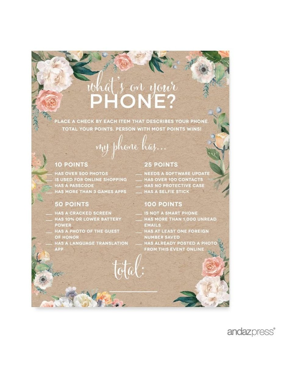 Invitations Peach Kraft Brown Rustic Floral Garden Party Baby Shower Collection- What's on Your Phone? Game Cards- 20-Pack- G...