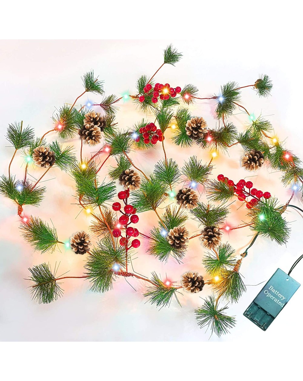 Indoor String Lights 10FT Christmas Garland with 30 Lights- Christmas Pinecone Lights Battery Operated Red Berry Pine Cone Br...