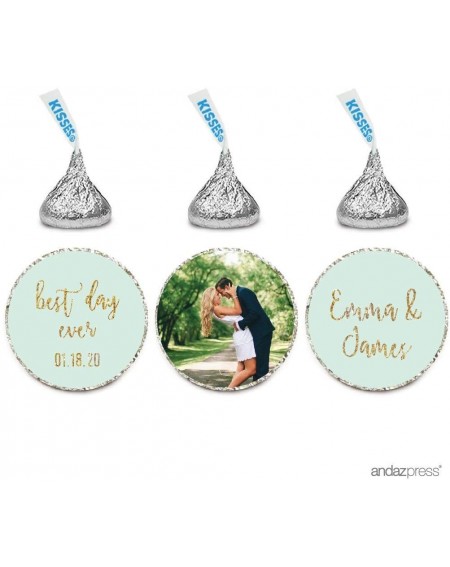 Favors Mint Green Gold Glitter Print Wedding Collection- Photo Personalized Chocolate Drop Label Stickers Trio- 216-Pack- Cus...
