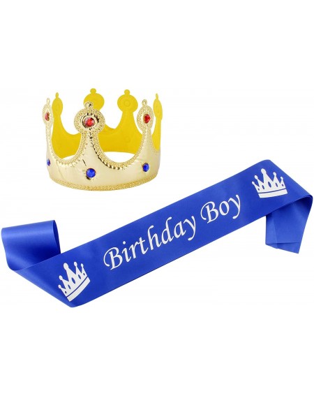 Party Hats Birthday Boy Sash and Crown Set (2-Piece Set) Party Accessory Set with Fabric Crown and Satin Sash for Boy's B-Day...