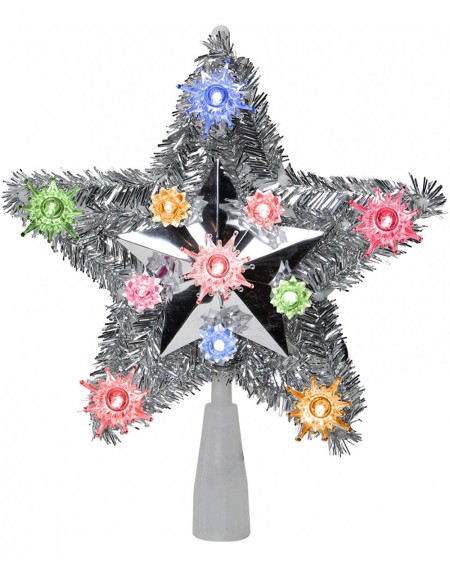 Tree Toppers 9" Silver Tinsel Star Multi Lighted Christmas Tree Toppers - CJ18ZGGHRGN $31.61
