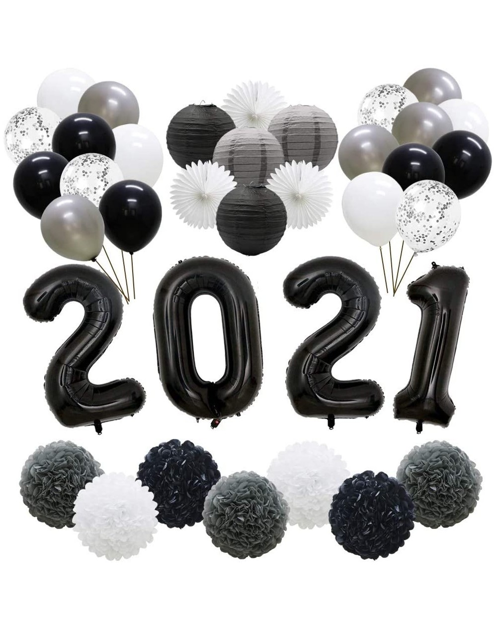 Balloons Black 2021 Graduation Balloons Decorations- New Year's Eve Party Supplies- Latex Balloons- Hanging Tissue Paper Fans...