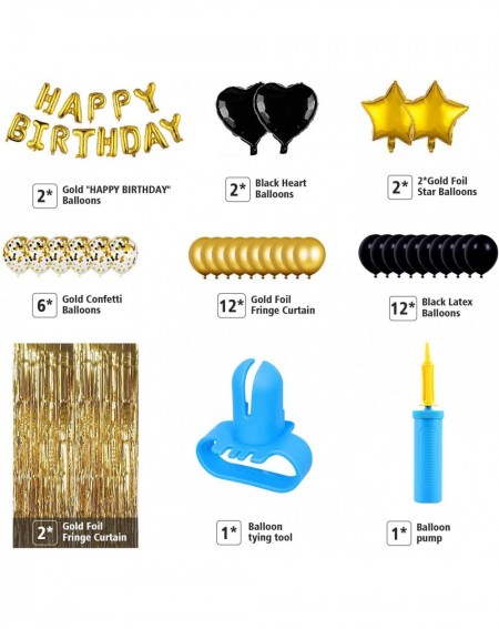 Balloons Birthday Party Decorations-Black Gold Happy Birthday Balloons-Gold Foil Fringe Curtain-Heart Star Foil Confetti Ball...
