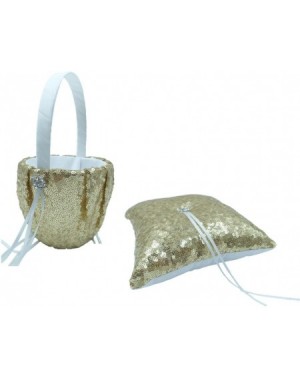 Ceremony Supplies Sequin Glitter Wedding Flower Basket + Ring Pillow Sparkle Rhinestone Décor Wedding Party Favor-Gold - Gold...
