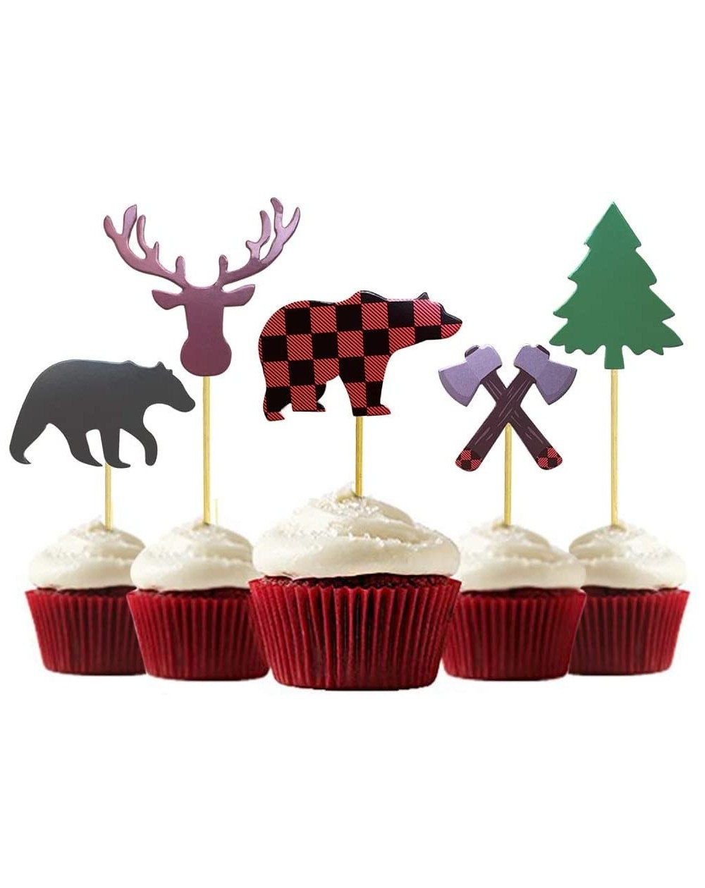 Cake & Cupcake Toppers 30-Pack Lumberjack Cupcake Toppers- Buffalo Plaid Baby Bear Tree Cupcake Topper for Campfire Lumberjac...