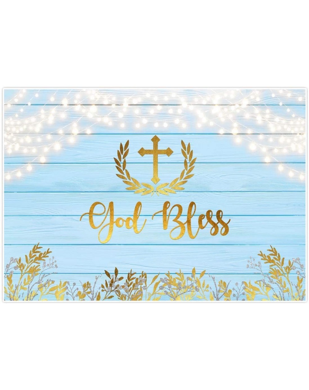 Photobooth Props Baptism Party Rustic Blue Wood Backdrop God Bless Gold Leaves Boys First Holy Communion Baby Shower Photogra...